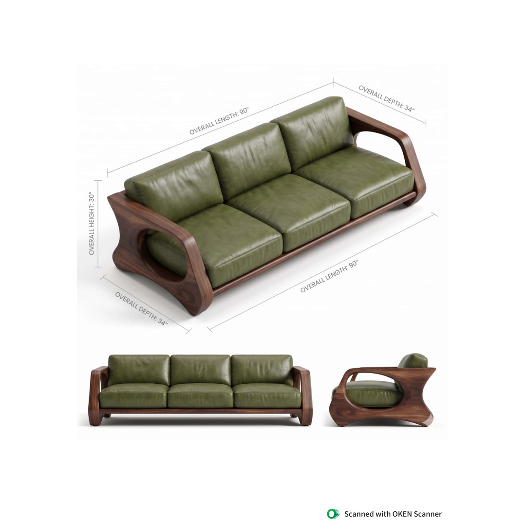 Sculpted Wooden Sofa with Olive Green Upholstery