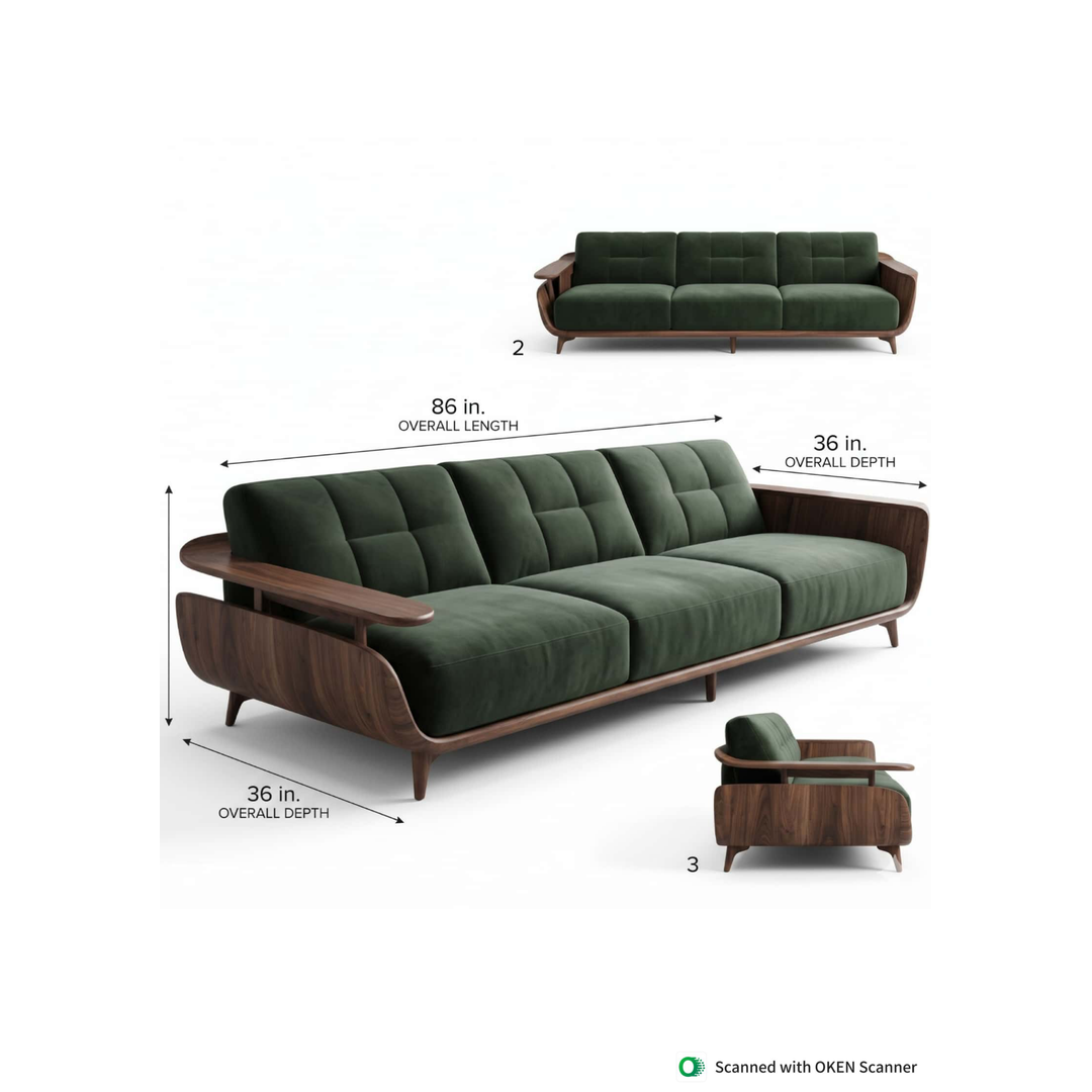 Modern Dark Green Tufted Sofa with Side Tables