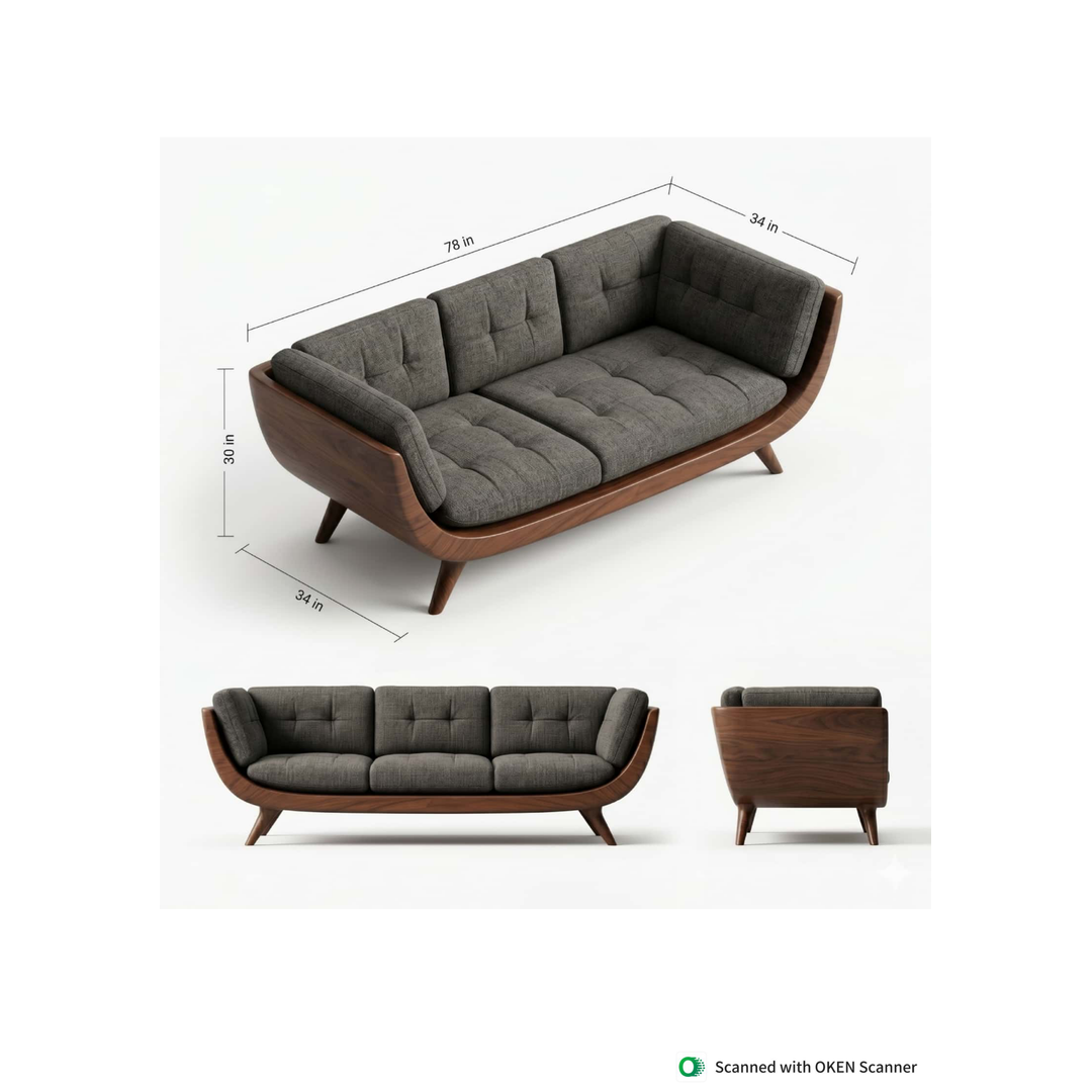 Modern Wooden Sofa with Grey Tufted Cushions